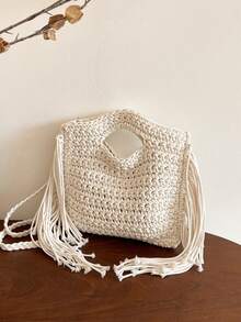 Túi cói mới, dễ phối đồ, túi đeo vai chéo một bên thủ công có tua rua mùa hè, túi xách tay cỡ lớn rỗng ruột dùng khi đi biển, túi thời trang nữ phong cách Âu Mỹ. - Nhiều màu - Xem 11