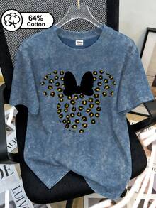 Disney Women's Casual Everyday Wear, Vintage Washed Black Bow Leopard Print Minnie Mouse Graphic Short Sleeve T-Shirt, Suitable For Outdoor, Women's Top, Summer Clothing, Minnie Mouse Print - Blue - View 1
