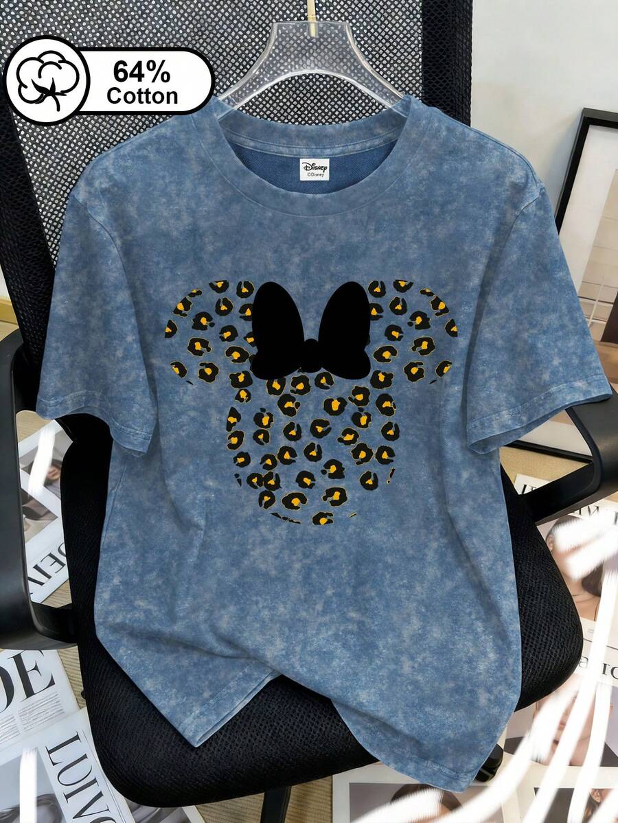 Disney Women's Casual Everyday Wear, Vintage Washed Black Bow Leopard Print Minnie Mouse Graphic Short Sleeve T-Shirt, Suitable For Outdoor, Women's Top, Summer Clothing, Minnie Mouse Print - Blue - View 1