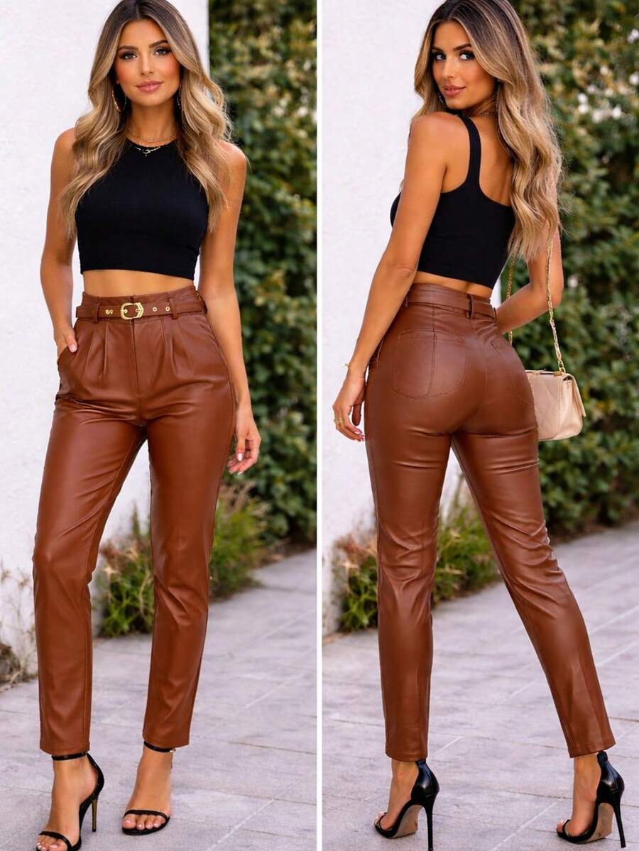 Zhara Women's High-Waisted Faux Leather Riding Pants With Belt, Skinny Synthetic Leather Pants, Tailored Style, Perfect Fit, Elegant Casual Chic Look, Autumn/Winter Fashion - 駝色 - 查看 1