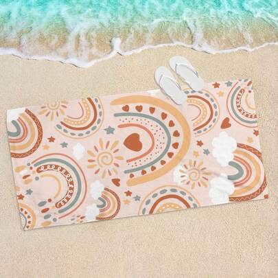 1pc Rainbow Print Beach Towel, Large Size, Soft & Absorbent Striped Beach Bath Towel, Suitable For Travel, Vacation, Sports, Bathroom, Pool And Camping, Essential Modern Towel With Strong Water Absorption