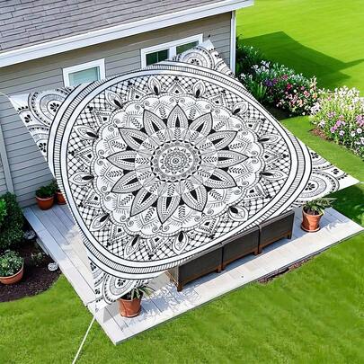 1 chiếc mái che nắng ngoài trời in họa tiết Mandala màu xám và trắng, màu sắc tươi sáng, chống phai màu, chất liệu polyester độ bền cao, kèm dây buộc, thích hợp cho sân vườn và cắm trại.