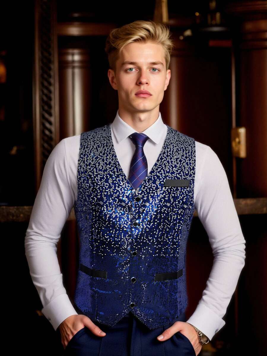 Gradient Sequin Vest For Men, Nightclub Bar Front Desk Performance Costume - Blue - View 1