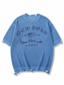 Spring/Summer Unisex Men's USA New York Letter Graphic Semi-Sheer Comfortable Casual Versatile Streetwear Fringe Crew Neck Knit Sweater, Blue - Blue - View 2