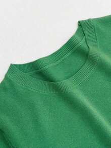 Camiseta de punto de manga corta de unicolor y peso ligero para mujer, top de verano minimalista en rojo - Verde - Ver 4