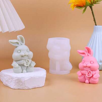 新款3D兔子抱花造型蜡烛硅胶模具，DIY复活节兔子石膏家居装饰模具