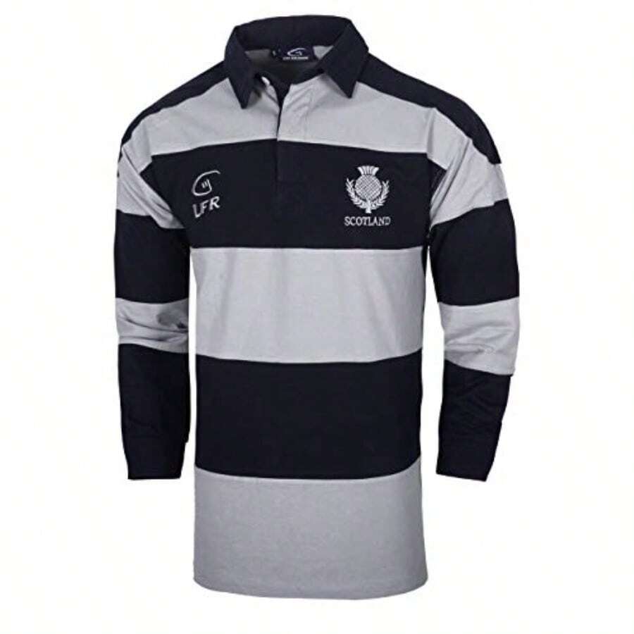 Escocia Hooped Gris y Azul Marino de Manga Larga Playera De Rugby Azul Marino y Gris - XXL - Ver 1