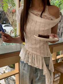 2026新款夏季女士独特白色蕾丝设计不对称肩部上衣 - 白色 - 查看 9