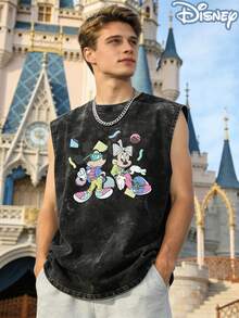 Disney Mickey And Minnie Mouse Retro Officially Licensed Men's Sleeveless Graphic Tee, 100% Cotton 230g Washed Vintage Shirt - màu đen - Xem 3