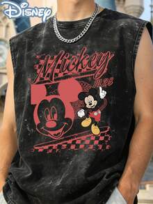 Disney Mickey Mouse 1928 Officially Licensed Men's Sleeveless Graphic Tee, 100% Cotton 230g Washed Vintage Casual Shirt - 黑色 - 查看 2