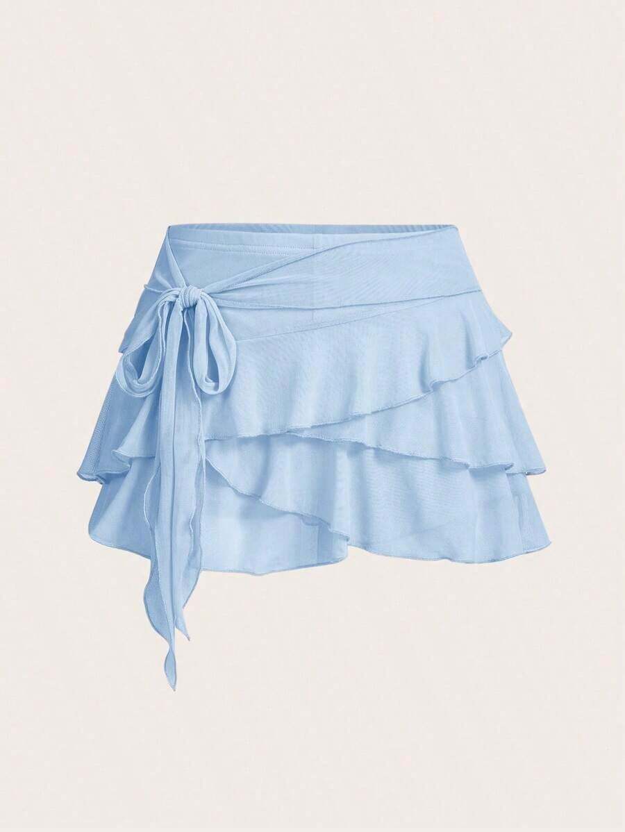 Women's Multi-Layer Ruffle Trim Low Rise Y2K Mini Black Skirt - Màu xanh nhạt - Xem 1