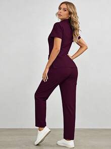 2-Piece Wine Red Solid Color Scrub Set For Women Soft Polyester-Spandex Stretch Work Uniform With Multiple Pockets Comfort Fit - 酒紅色 - 查看 4