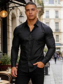KIT2,KIT3  Camisa Masculina Manga Longa Slim Musculosa Fina Elástica Botão Social Casual para Trabalho e Negócios - Roxo + Preto - Visão 3