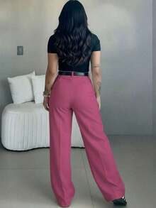 Pantalones anchos de cintura alta y ajuste delgado en morado-rojo, estilo callejero bohemio, adecuados para uso casual, ir al trabajo y vacaciones en primavera/verano - Rosa Fucsia - Ver 3