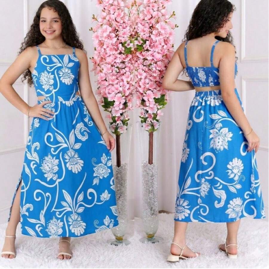 Women's Long Dress In Premium Duna Fabric With Thin Straps, Waist Cutout, Adjustable Elastic Back, Flowing Skirt With Side Slit, Elegant, Comfortable And Modern Casual Chic Design - 藍色圖案 - 查看 1