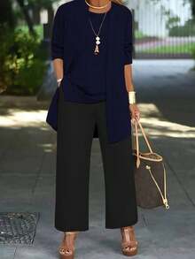 3pcs Set: Plus Size Casual Solid Color Jacket + Round Neck Sleeveless Top + Elastic Waist Straight Leg Pants, Commuting Outfit For Spring, Autumn & Winter Elegant Summer - Navy Blue + Black - View 2