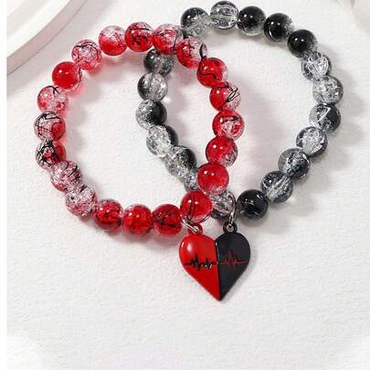 2pcs Black And Red Ice Crushed Glass Round Beads Couple Bracelet Gothic Style ECG Love Pendant Couple Magnetic Bracelet Glass Beads Bracelet Holiday Gift
