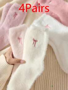 2/4 Pairs White And Pink Fluffy Women's Mid-Calf Socks, Bow Pattern Warm Socks, Soft And Comfortable, Suitable For Autumn/Winter, Random Color, Fluffy Socks 1/2/4/5 Pairs - Multicolor - View 5