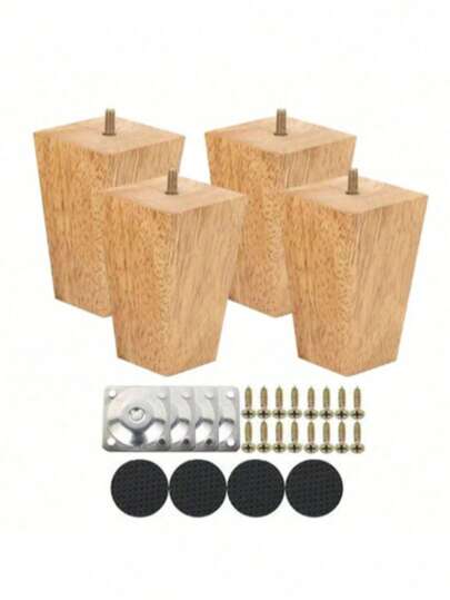 Bộ 4 chân đế hình nón cho đồ nội thất, chân gỗ nguyên khối phù hợp cho ghế sofa, bàn trang điểm, giường - Chân thay thế bằng gỗ đa năng kèm tấm gắn kim loại và ốc vít.