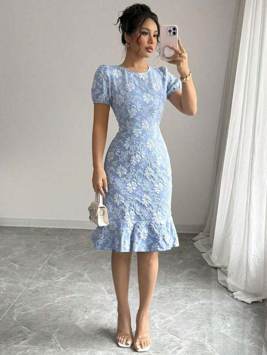 Women.S Elegant Jacquard Fabric Round Neck Puff Sleeve Hem Flounce Mid-Length Slim Dress, Suitable Various Occasions Such As Daily Wear, Cocktails, And Street Style. - Hồng - Xem 1