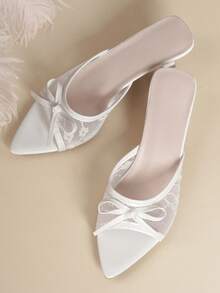 尖头系带细高跟凉鞋，新款蝴蝶结露跟穆勒鞋，优雅网纱白色高跟女鞋 - 白色 - 查看 8