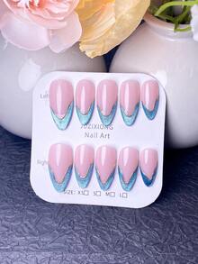 10 piezas de pegatinas de uñas hechas a mano, uñas postizas cortas, aptas para el uso en verano, estilo Y2K, que incluyen colores rojo, rosa, azul, marrón, dorado y otros, base rosa con punta francesa en forma de V azul y bordes dorados, estilo dulce y elegante, adecuado para que las damas y niñas lo usen en citas, fiestas y viajes diarios - Neblina azul - Ver 3