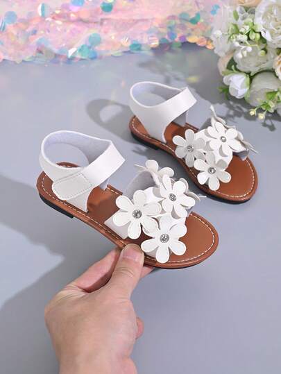 Airy Ultra-Thin Sole, Little Flower Design, Girls' Open-Toe Sandals, New Summer Style, Soft Bottom, Sweet Floral Princess Shoes, Toddler & Little Kids' Walking & Beach Shoes,