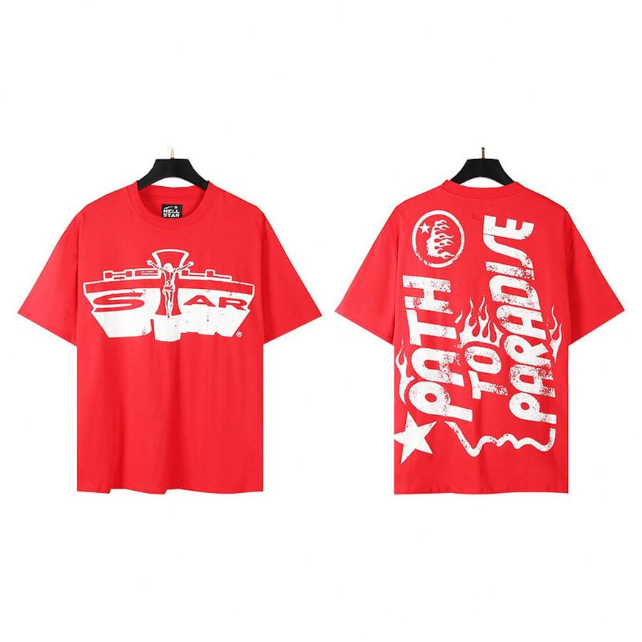 HellST Vintage Streetwear T-Shirt, 100 Percent Cotton Casual Loose Top, Unisex Couple Matching Tee - A755紅色 - 查看 1