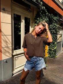 Women's V-Neck Short Sleeve Cardigan, Front Button Decor, Minimalist & Fashionable Casual Style, Suitable For Daily Commute, Lovely Sweater Spring - 棕色 - 查看 7
