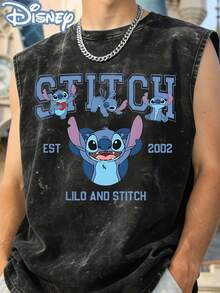 Disney Lilo & Stitch EST.2002 Officially Licensed Men's Sleeveless Graphic Tee, 100% Cotton 230g Washed Vintage Streetwear Shirt - màu đen - Xem 2