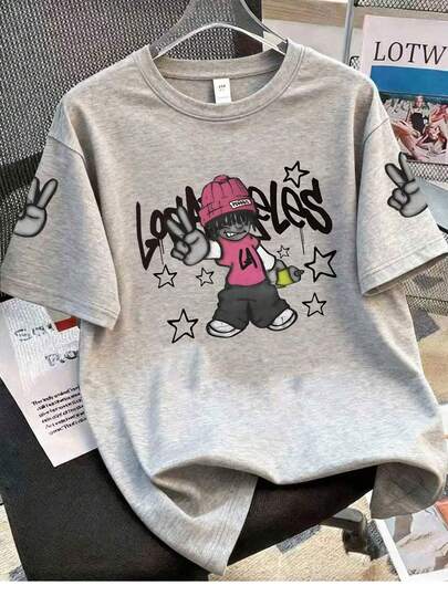 Tween Boy Short Sleeve T-Shirt, Featuring Cartoon Hip-Hop Boy Print - Casual Loose, Sporty Short Sleeve, Round Neck Boys' Tee - Perfect Summer Gift, Suitable For Spring/Summer Wear At School And Outings