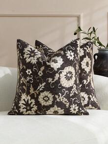 1 pieza/2 piezas Funda de almohada decorativa con patrón floral vintage, color café y beige (sin relleno), elegante y cómoda funda de almohada de chenilla jacquard y falso cachemira, adecuada para decoración del hogar, sofá, cama, dormitorio, regalo, decoración festiva, para todas las estaciones - Base marrón con estampado floral beige. - Ver 9