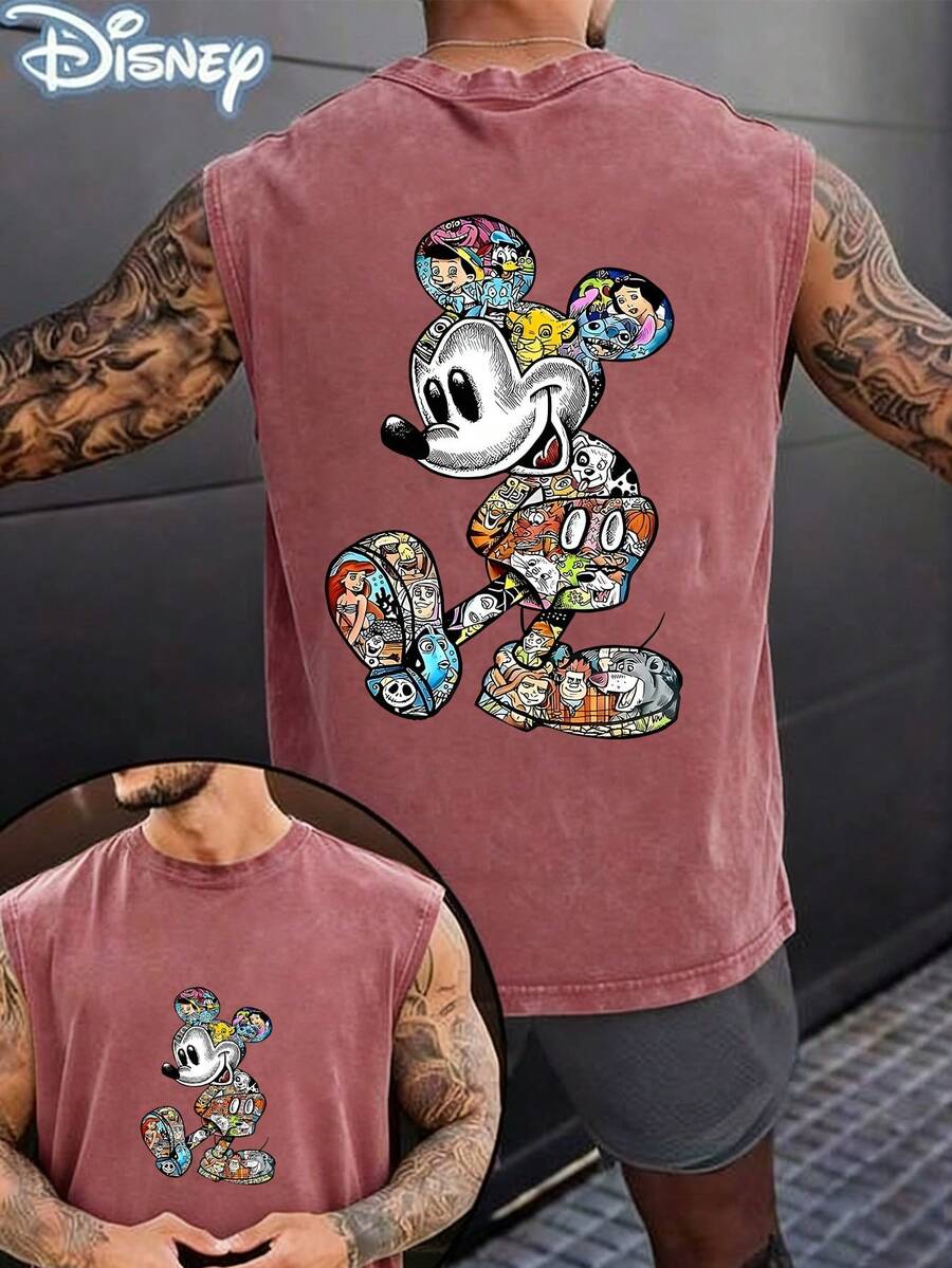Disney Official Licensed  Character Collage Unisex Acid Wash Sleeveless T-Shirt,  Character Collage Graphic Tank Top, 230g Heavyweight Cotton Blend, Casual Vacation Top, Breathable Summer Wear - 粉色 - 查看 1