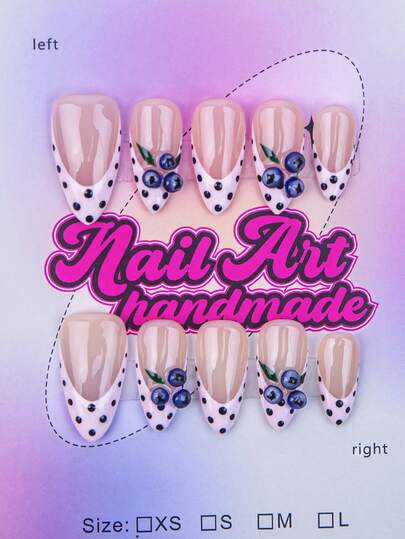 10pcs/Set Handmade Almond-Shaped,Press On Nails Set - Handcrafted, Pink Nails, Blue Nails, Blue And White Gradient French Tip Nails, Handmade 3D Flower And 3D Blueberry, 3D Blueberry Nail Art, Hand Drawn Green Leaf & Blue Polka Dot Design