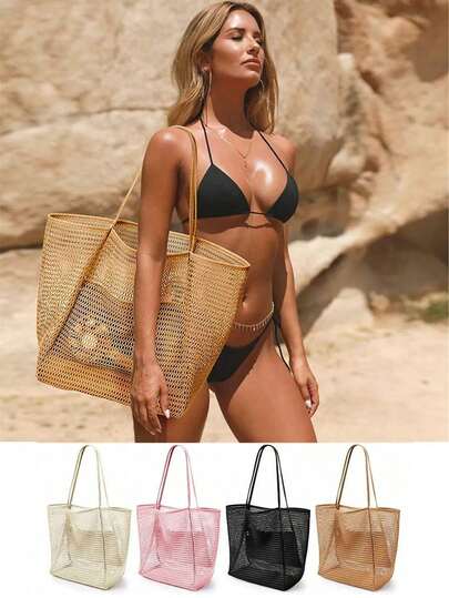 Mesh Beach Tote Bag - Lightweight & Breathable Shoulder Bag For Summer Vacation, Pool, Beach Essentials (Multiple Colors)