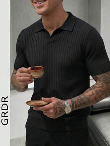GRDR 男士夏季飞机领罗纹纯色短袖针织衫，适合夏季外出，时尚造型必备单品 - 黑色 - 查看 2