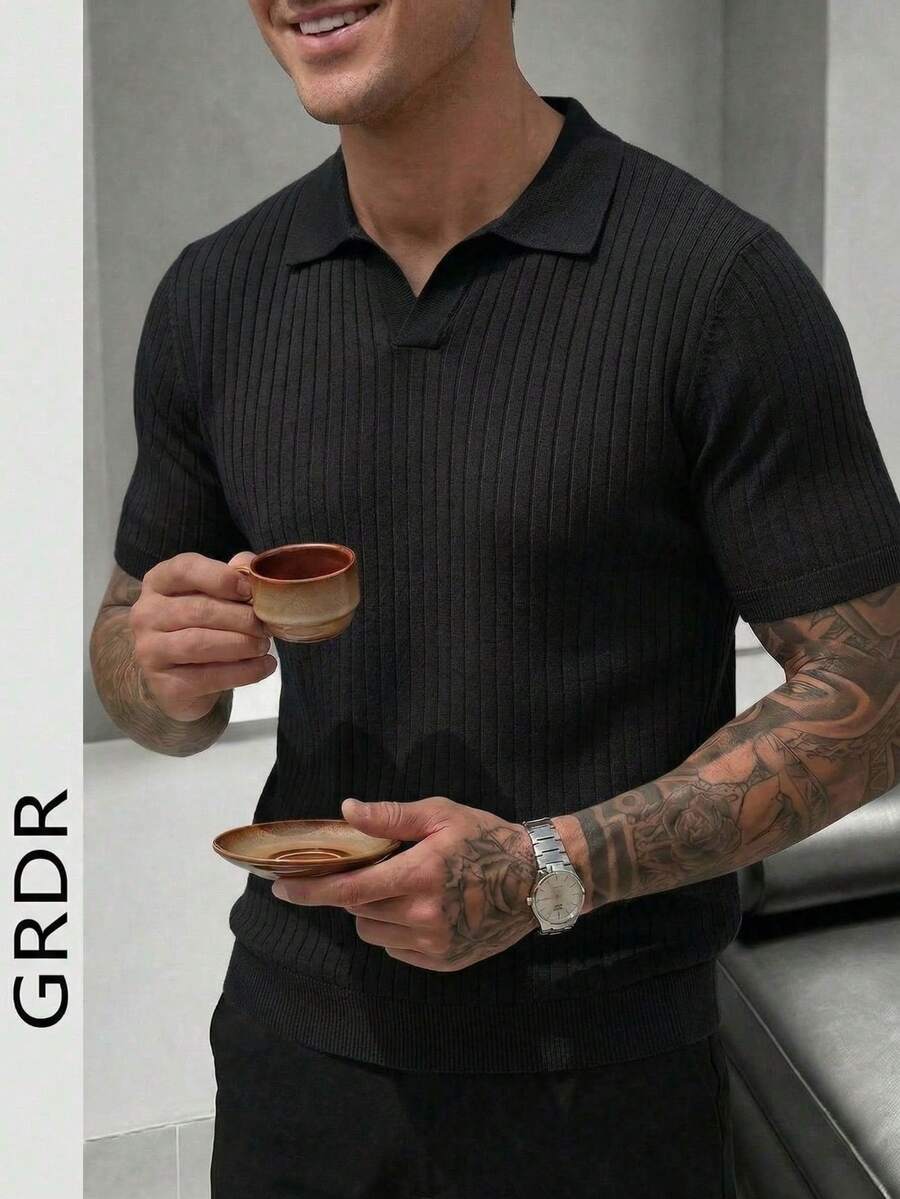 GRDR 男士夏季飞机领罗纹纯色短袖针织衫，适合夏季外出，时尚造型必备单品