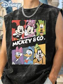 Disney Official Licensed Mickey & Co. Unisex Acid Wash Tank Top, Mickey Mouse Minnie Donald Duck Goofy Daisy Duck Graphic Sleeveless Top, 230g Heavyweight Cotton Blend Summer Casual Wear - 黑色 - 查看 5