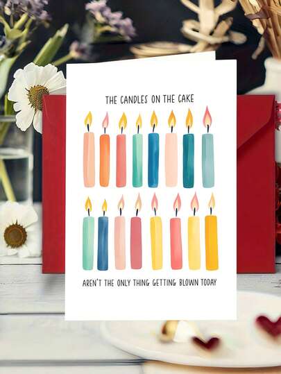 1 thiệp chúc mừng sinh nhật hài hước "Những ngọn nến trên bánh kem" kèm phong bì, lời chúc vui nhộn dành cho người lớn, thiết kế hình nến dễ thương, bên trong để trống.