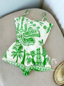 Launch Of The PONTA TUCANO Women's Set: Shorts + Blouse With Padding, Coconut Tree Landscape Design. - Verde - Ver 1
