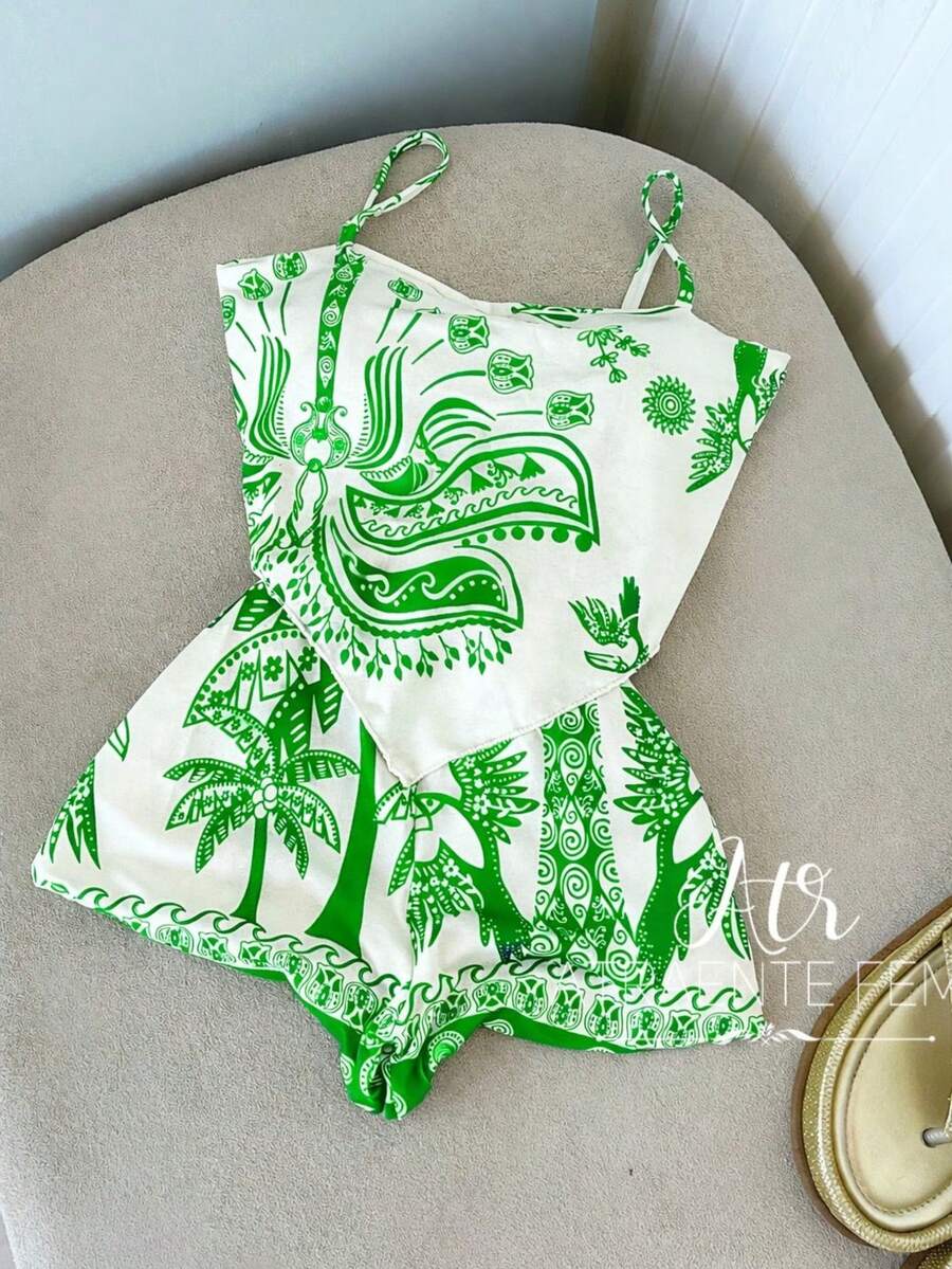 Launch Of The PONTA TUCANO Women's Set: Shorts + Blouse With Padding, Coconut Tree Landscape Design. - Verde - Ver 1