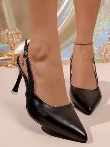Plus Size Commuter Office Party Spring/Summer New Minimalist Pointed Toe Elegant Fashion Versatile Buckle Non-Slip Super High Heel Backstrap Women Pumps - Black - View 3