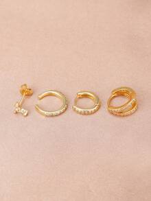 4PCS Round Geometry 18K Gold Plating Hoop Earrings Set For Women Daily Wear Zirconia Leaf Earring Piercing Jewelry Gift - 1-gold-4PCS - View 4