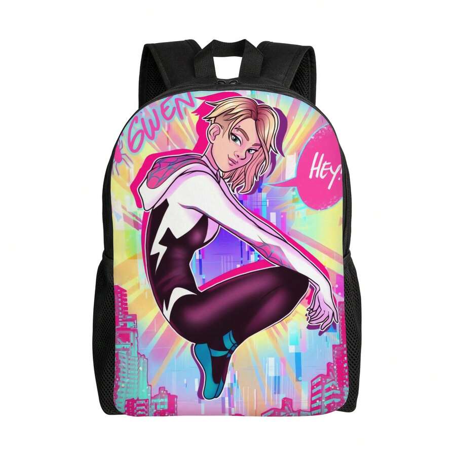 S-Spider-Gwen Single-Layer Backpack For & - Lightweight School Bookbag With Simple Streamlined Design, Travel Daypack, Durable & Easy-Care (Hand/Dry Clean) - Stylish For ' Commute, College, Or Light Travel (No Power) - 黑色 - 查看 1