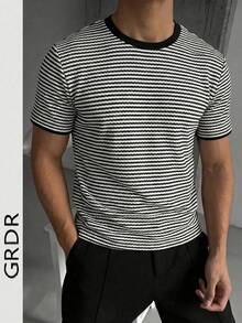 Camiseta de manga corta a rayas de moda para hombres GRDR | Diseño exquisito | Esencial de verano | Fácil de combinar | Muestra tu estilo - Negro - Ver 5