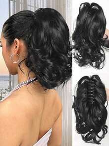 Elegant Claw Clip Ponytail - Short Curly Wavy Look, Synthetic Hair Extensions For Daily Chic, Easy-To Attach Hair Accessory For AlI Occasions - Black - View 2