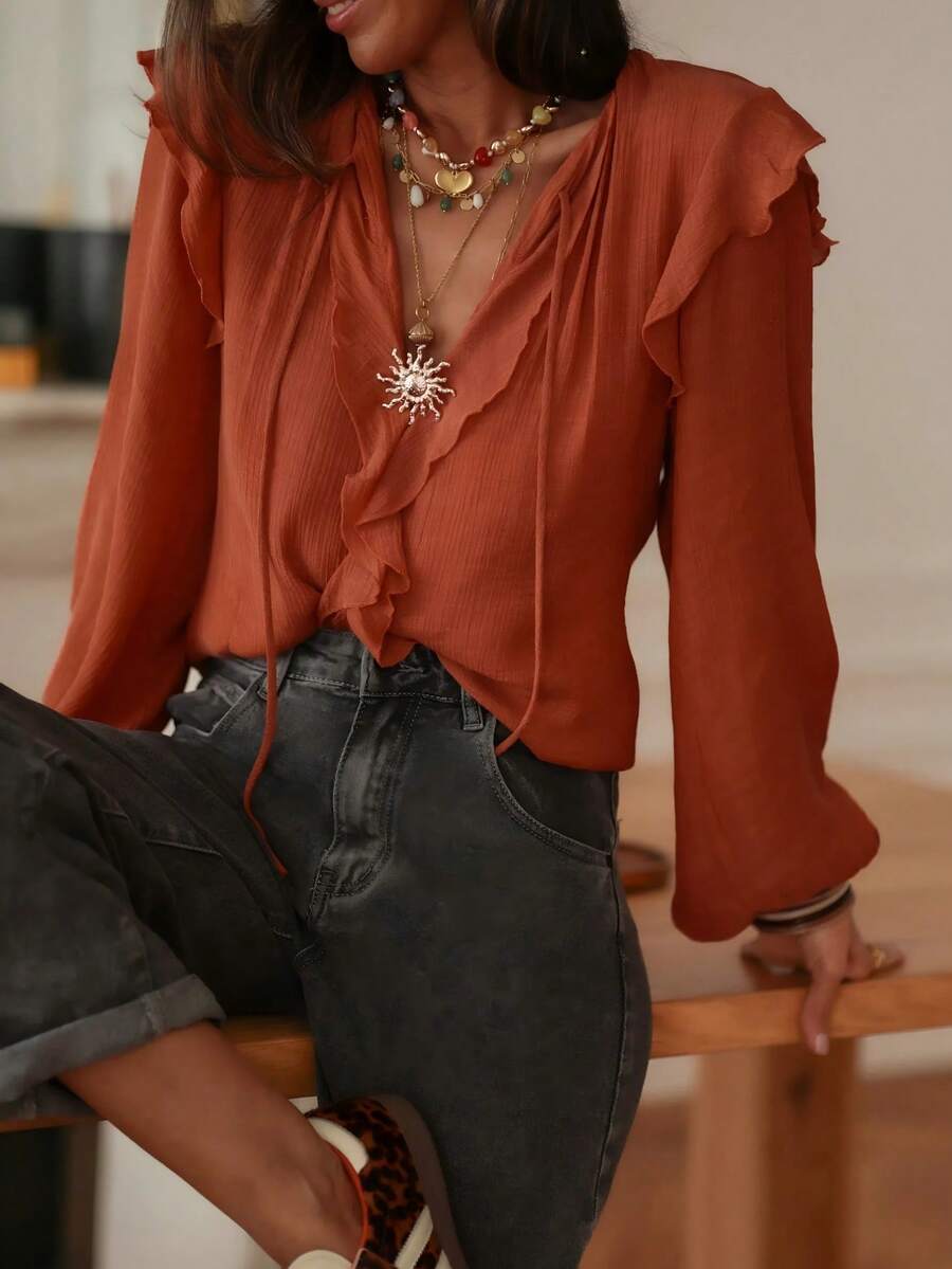 Women's Solid Color Ruffle Hem Casual Versatile Daily Wear Shirt - Rust Brown - View 1
