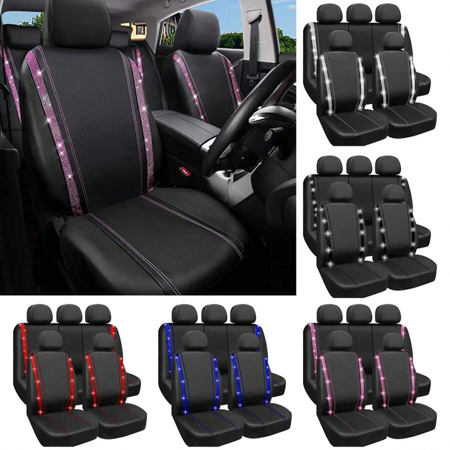 Non-Slip Rhinestone Car Seat Cover Set, Shiny Rhinestone Waterproof Faux Leather, With Zipper In The Back, Universal Car Glitter Crystal Sparkle Strip, Suitable For Cute Girls, Silver