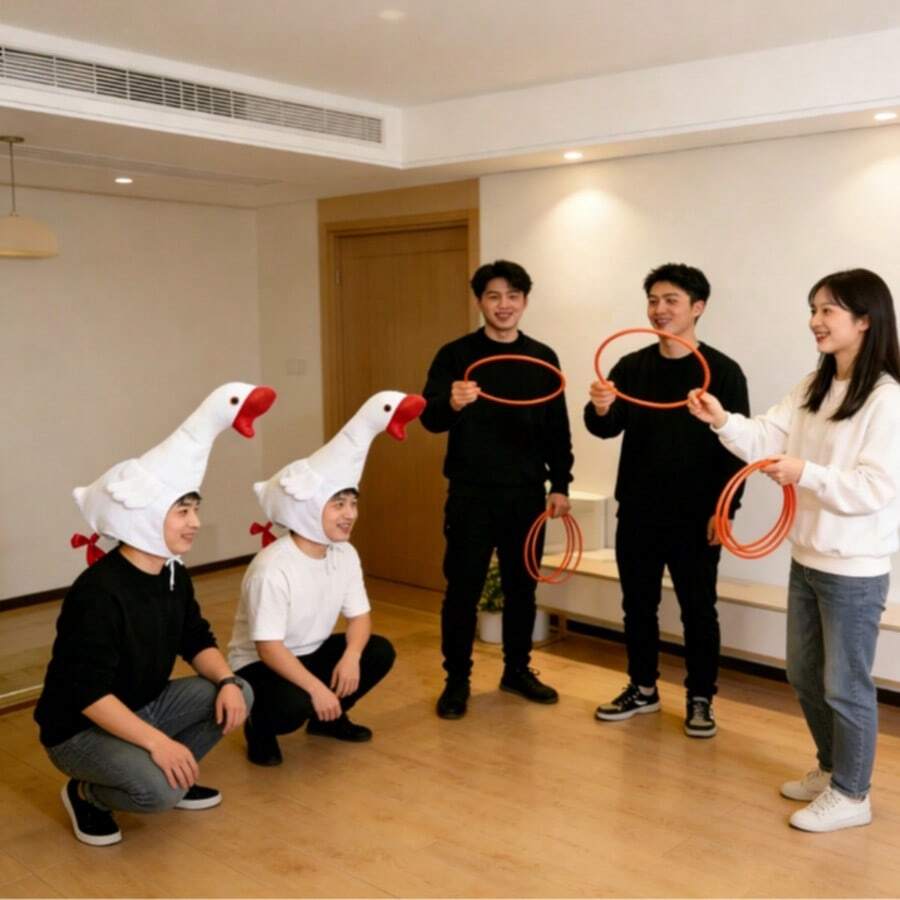 8件套趣味鹅头套圈游戏，将圆环扔给戴着鹅头头饰的人，看看谁能接住最多。适合多人娱乐、团体活动、节日庆祝、家庭娱乐或派对游戏。 - 紅白色 - 查看 1