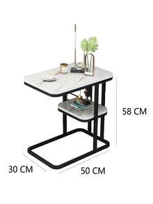 1pc Luxury Double-Layer C-Shaped Side Table, Faux Marble Texture, Living Room Sofa Side Table, Bedroom Nightstand - Gold - View 9